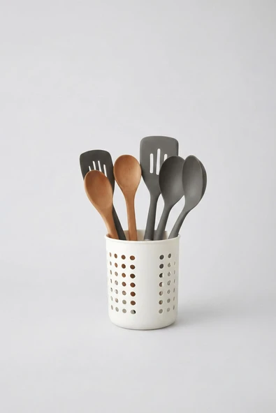 Beyaz - A+ Silindir Kaşıklık – Tezgah Üstü Servis Standı, Su Gider Delikli, Plastik Düzenleyici Organizer ürün görseli 1