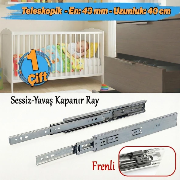 Frenli Teleskopik Çekmece Rayı Bilyalı Dolap Çekmecesi Ray Metal En 4.3 cm Uzunluk 40 cm(1 Çift ) ürün görseli 1