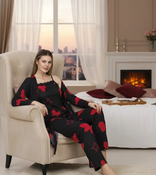 Kalp Desenli 3lü Takım Kadın Pijama ürün görseli