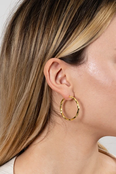 925 ayar gümüş küpe altın yaldızlı 35 mm burgu şarnel halka küpe SGTL13151GOLD - Resim 5