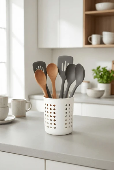 Beyaz - A+ Silindir Kaşıklık – Tezgah Üstü Servis Standı, Su Gider Delikli, Plastik Düzenleyici Organizer - Resim 2