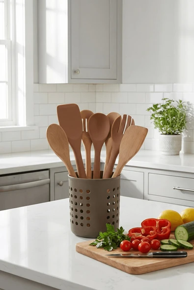 Gri - A+ Silindir Kaşıklık – Tezgah Üstü Servis Standı, Su Gider Delikli, Plastik Düzenleyici Organizer - Resim 4