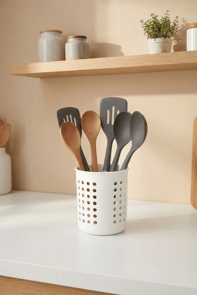 Beyaz - A+ Silindir Kaşıklık – Tezgah Üstü Servis Standı, Su Gider Delikli, Plastik Düzenleyici Organizer - Resim 3