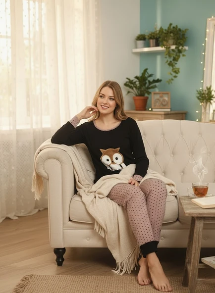 Baykuş Desenli Kışlık Kadın Pijama Takımı ürün görseli