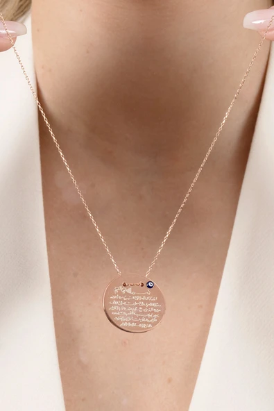 925 ayar gümüş kolye rose Ayetel Kürsi yazılı nazarlı büyük boy plaka kolye SGTL13138ROSE - Resim 6