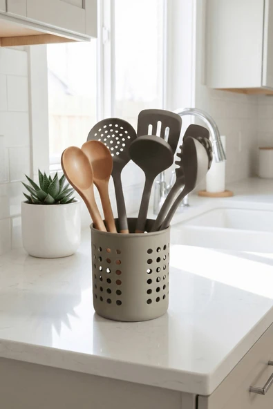 Gri - A+ Silindir Kaşıklık – Tezgah Üstü Servis Standı, Su Gider Delikli, Plastik Düzenleyici Organizer - Resim 2