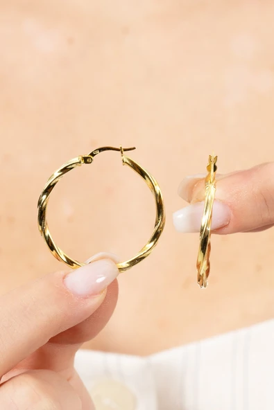 925 ayar gümüş küpe altın yaldızlı 35 mm burgu şarnel halka küpe SGTL13151GOLD - Resim 4