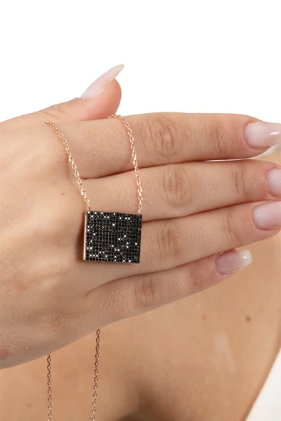 925 ayar gümüş kolye rose siyah taşlı diktörgen gecenin parıltısı kolye SGTL13134SIYAH - Resim 5