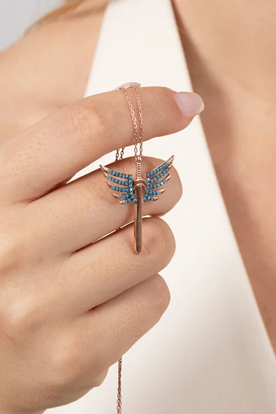 925 ayar gümüş kolye rose turkuaz taşlı kanatlı kılıç modeli kolye SGTL13143MAVI - Resim 5