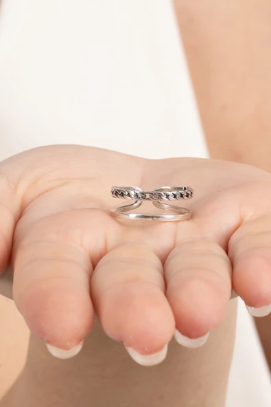 925 ayar gümüş yüzük oksitli çift görünümlü zincir modeli ayarlamalı yüzük SGTL13119SIYAH - Resim 4