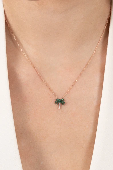 925 ayar gümüş kolye rose yeşil taşlı palmiye kolye SGTL13145ROSE - Resim 3