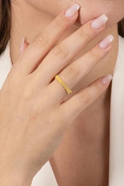 925 ayar gümüş yüzük altın yaldızlı birleşik yıldız silsilesi ayarlamalı yüzük SGTL13123GOLD - Resim 4