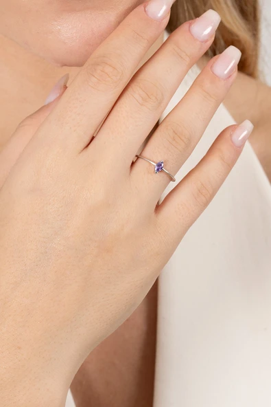 925 ayar gümüş yüzük rodyumlu markiz kesim mor taşlı ayarlamalı yüzük SGTL13127MOR - Resim 3