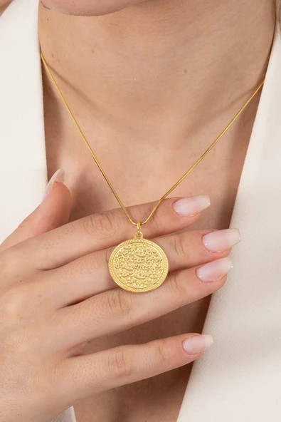 925 ayar gümüş kolye altın yaldızlı yılan zincirli Kıtmir duası kolye  SGTL13137GOLD - Resim 3