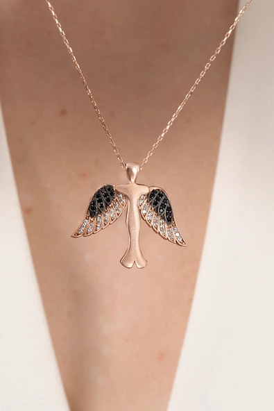 925 ayar gümüş kolye rose siyah taşlı kanatlı yükseliş kolyesi SGTL13144ROSE - Resim 4