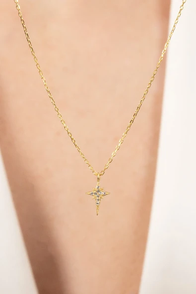 925 ayar gümüş kolye altın yaldızlı zirkon taşlı minimal kutup yıldızı kolye SGTL13149GOLD - Resim 4