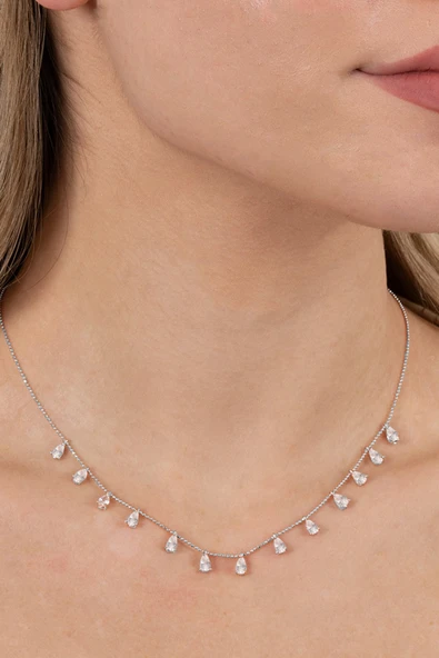 925 ayar gümüş kolye rodyumlu zirkon taşlı top zincirli damlalı kolye  SGTL13146RODAJ ürün görseli