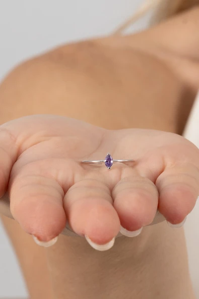 925 ayar gümüş yüzük rodyumlu markiz kesim mor taşlı ayarlamalı yüzük SGTL13127MOR - Resim 6