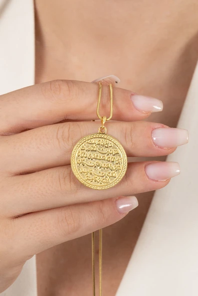 925 ayar gümüş kolye altın yaldızlı yılan zincirli Kıtmir duası kolye  SGTL13137GOLD - Resim 4