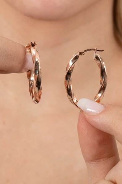 925 ayar gümüş küpe rose 33 mm burgu oval şekilli şarnel halka küpe SGTL13152ROSE - Resim 2