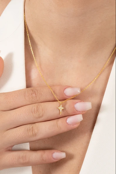 925 ayar gümüş kolye altın yaldızlı zirkon taşlı minimal kutup yıldızı kolye SGTL13149GOLD - Resim 3