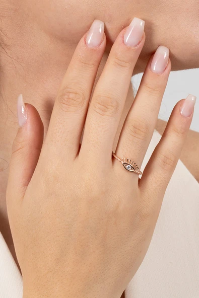 925 ayar gümüş yüzük rose zirkon taşlı kirpikli göz modeli ayarlamalı yüzük SGTL13129ROSE - Resim 2