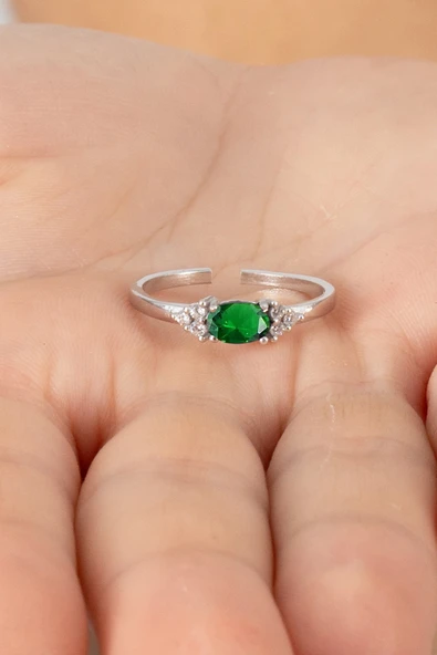 925 ayar gümüş yüzük rodyumlu oval kesim yeşil taşlı ayarlanabilir prenses yüzük SGTL13128YESIL - Resim 2