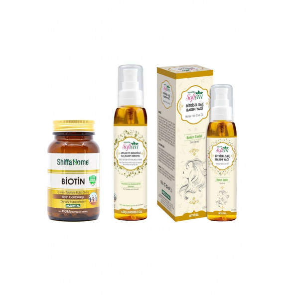 Biotin 60 Tablet 750 mg Argan ve Keratinli Saç Bakım Serumu 125 ml. saç bakım yağı