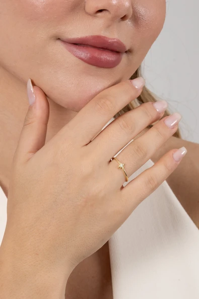 925 ayar gümüş yüzük altın yaldızlı zirkon taşlı kuzey yıldızı ayarlamalı yüzük SGTL13130GOLD - Resim 2