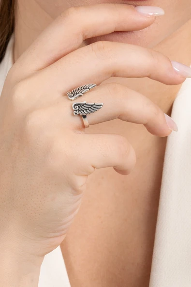 925 ayar gümüş yüzük üstten ayarlamalı melek kanadı oksitli yüzük SGTL13122SIYAH - Resim 2