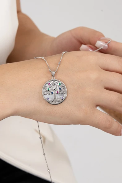 925 Ayar gümüş kolye hepsi top top zincirli rodyumlu sedef taşlı hayat ağacı tasarım kolye SGTL13141RODAJ - Resim 4