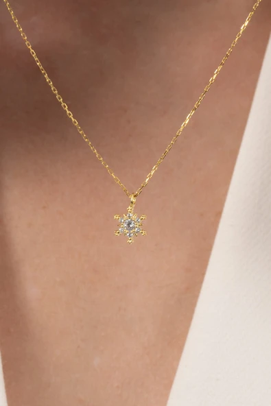 925 ayar gümüş kolye altın yaldızlı zirkon taşlı kar kristali kolye SGTL13147GOLD - Resim 4