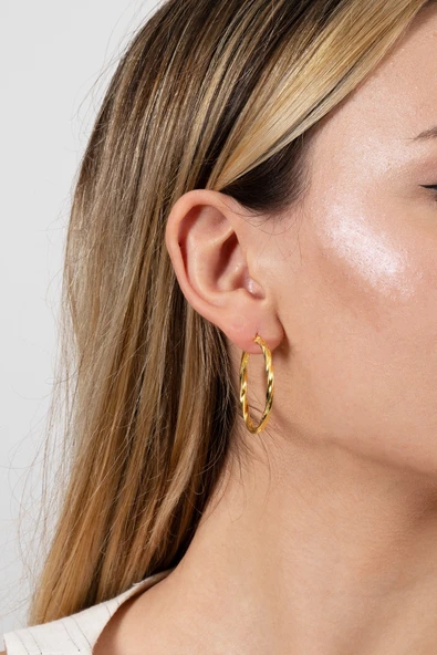 925 ayar gümüş küpe altın yaldızlı 35 mm burgu şarnel halka küpe SGTL13151GOLD - Resim 3