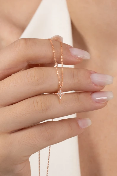 925 ayar gümüş kolye rose zirkon taşlı minimal kutup yıldızı kolye SGTL13149ROSE ürün görseli