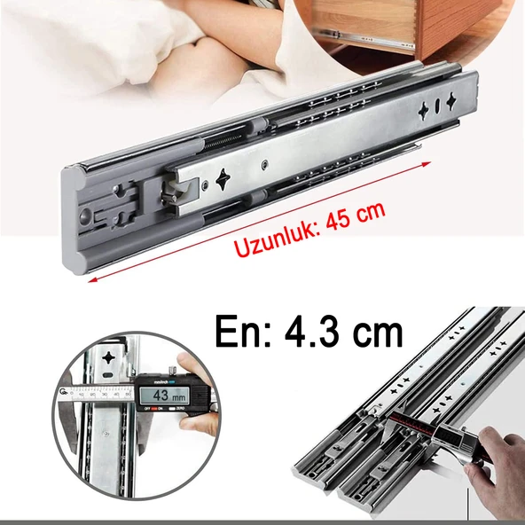 Frenli Teleskopik Çekmece Rayı Bilyalı Dolap Çekmecesi Ray Metal (1 Çift ) En 4.3 cm Uzunluk 45 cm - Resim 3