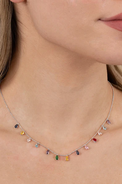 925 ayar gümüş kolye rodyumlu renkli zirkon taşlı top zincirli damlalı kolye  SGTL13146RENKLI ürün görseli