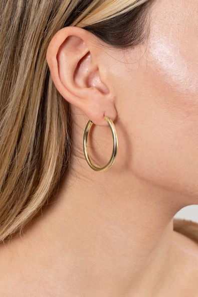 925 ayar gümüş küpe altın yaldızlı büyük boy halka küpe SGTL13150GOLD - Resim 4