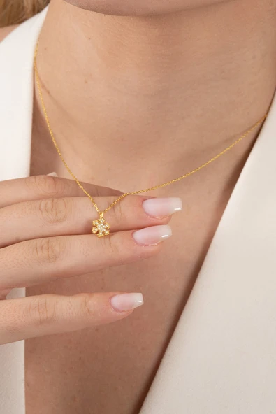 925 ayar gümüş kolye altın yaldızlı zirkon taşlı kar tanesi kolye SGTL13148GOLD - Resim 4