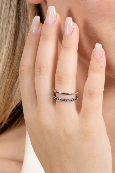 925 ayar gümüş yüzük oksitli çift görünümlü zincir modeli ayarlamalı yüzük SGTL13119SIYAH ürün görseli