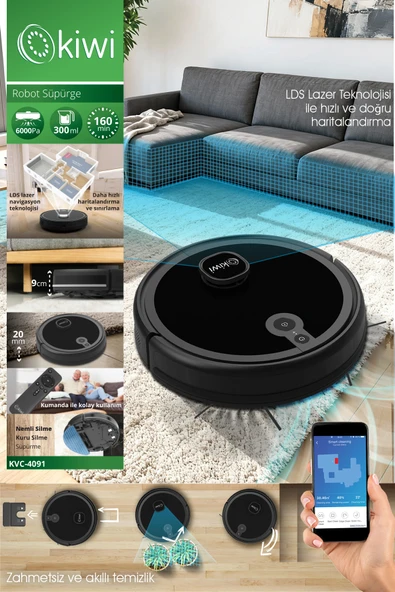 KVC-4091 Akıllı Robot Süpürge | 6000Pa Güçlü Emiş, Lazer Haritalama, Paspas , Uygulama Kontrollü ürün görseli