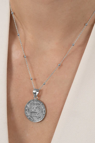 925 ayar gümüş rodyumlu yaldızlı top top zincirli Hz. Süleyman mührü kolye SGTL13136RODAJ - Resim 2