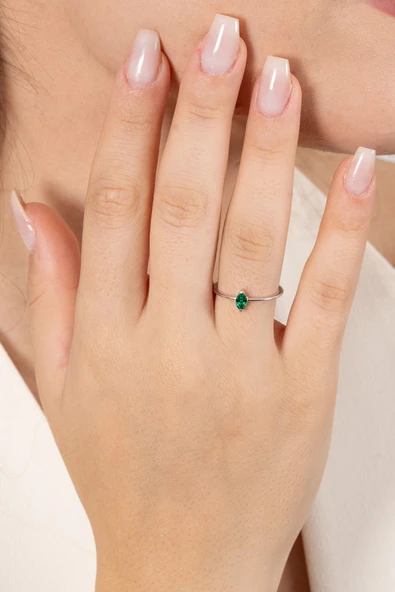 925 ayar gümüş yüzük rodyumlu markiz kesim yeşil taşlı ayarlamalı yüzük SGTL13127YESIL - Resim 2