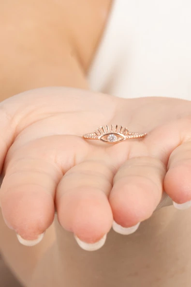 925 ayar gümüş yüzük rose zirkon taşlı kirpikli göz modeli ayarlamalı yüzük SGTL13129ROSE - Resim 4