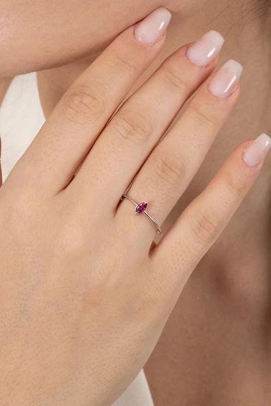 925 ayar gümüş yüzük rodyumlu markiz kesim fuşya taşlı ayarlamalı yüzük SGTL13127FUSYA - Resim 2