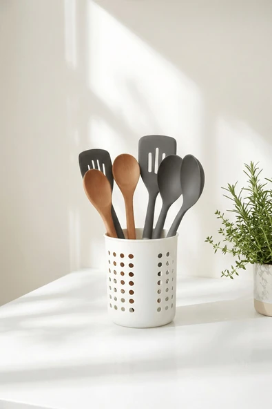 Beyaz - A+ Silindir Kaşıklık – Tezgah Üstü Servis Standı, Su Gider Delikli, Plastik Düzenleyici Organizer - Resim 6