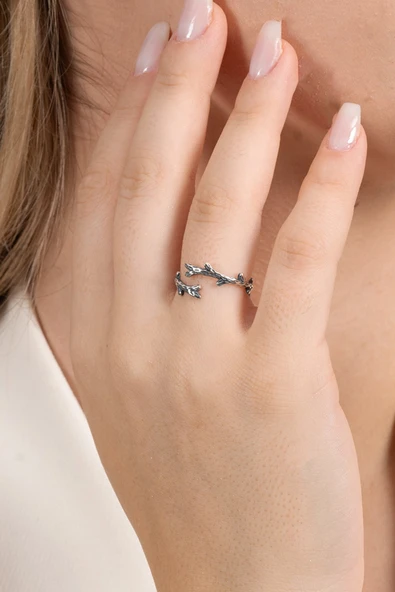 925 ayar gümüş yüzük üstten ayarlamalı ağaç dalı modeli oksitli yüzük SGTL13118SIYAH - Resim 7