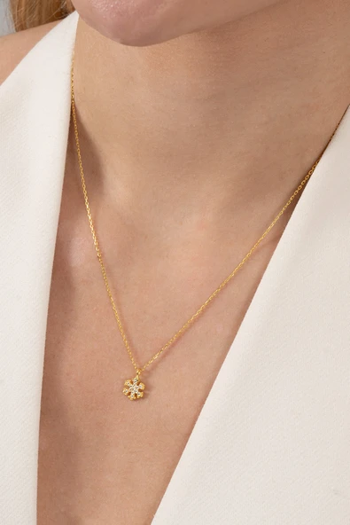 925 ayar gümüş kolye altın yaldızlı zirkon taşlı kar tanesi kolye SGTL13148GOLD - Resim 2