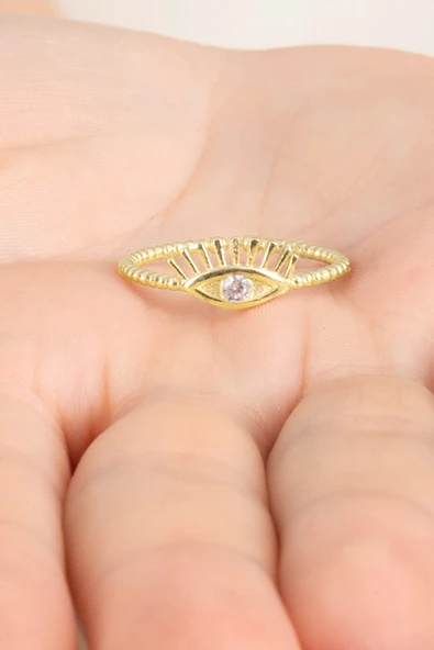 925 ayar gümüş yüzük Altın yaldızlı zirkon taşlı kirpikli göz modeli ayarlamalı yüzük SGTL13129GOLD - Resim 2