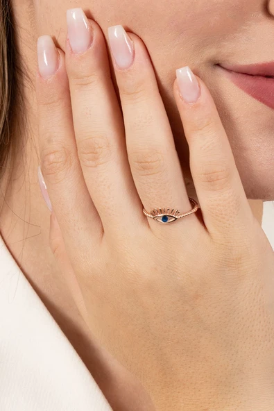 925 ayar gümüş yüzük rose safir taşlı kirpikli göz modeli ayarlamalı yüzük SGTL13129LACIVERT - Resim 3