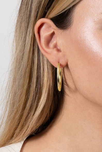 925 ayar gümüş küpe altın yaldızlı büyük boy halka küpe SGTL13150GOLD - Resim 3